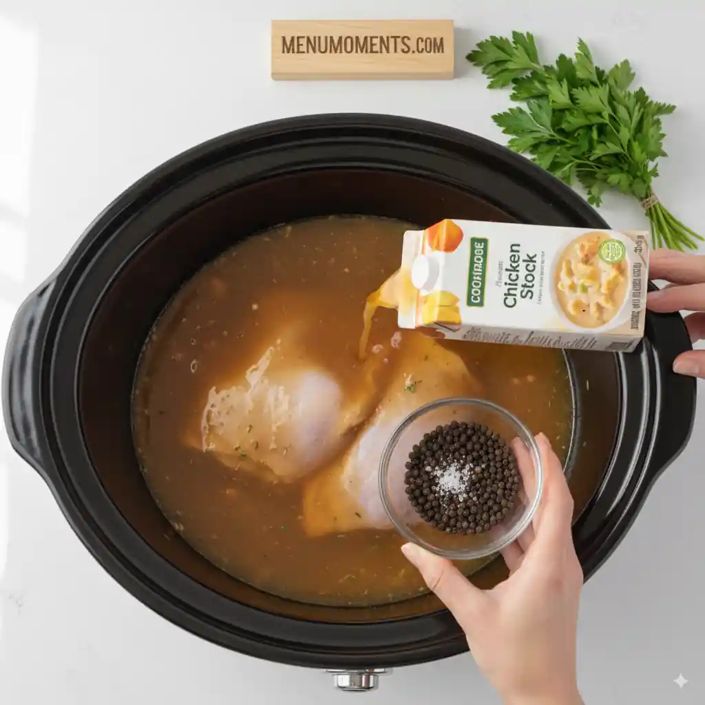 Overhead shot of hands pouring chicken stock into a slow cooker containing chicken and vegetables, while another hand holds a bowl of salt and pepper for seasoning. Branding: menumoments.com.