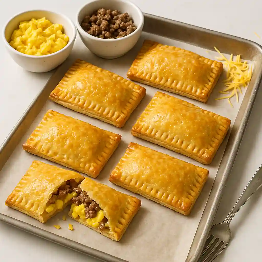 Step-by-step photo of breakfast hand pies being made: scrambled eggs, cooked sausage, shredded cheese, and sealed pastries on a parchment-lined baking sheet in bright natural kitchen lighting.