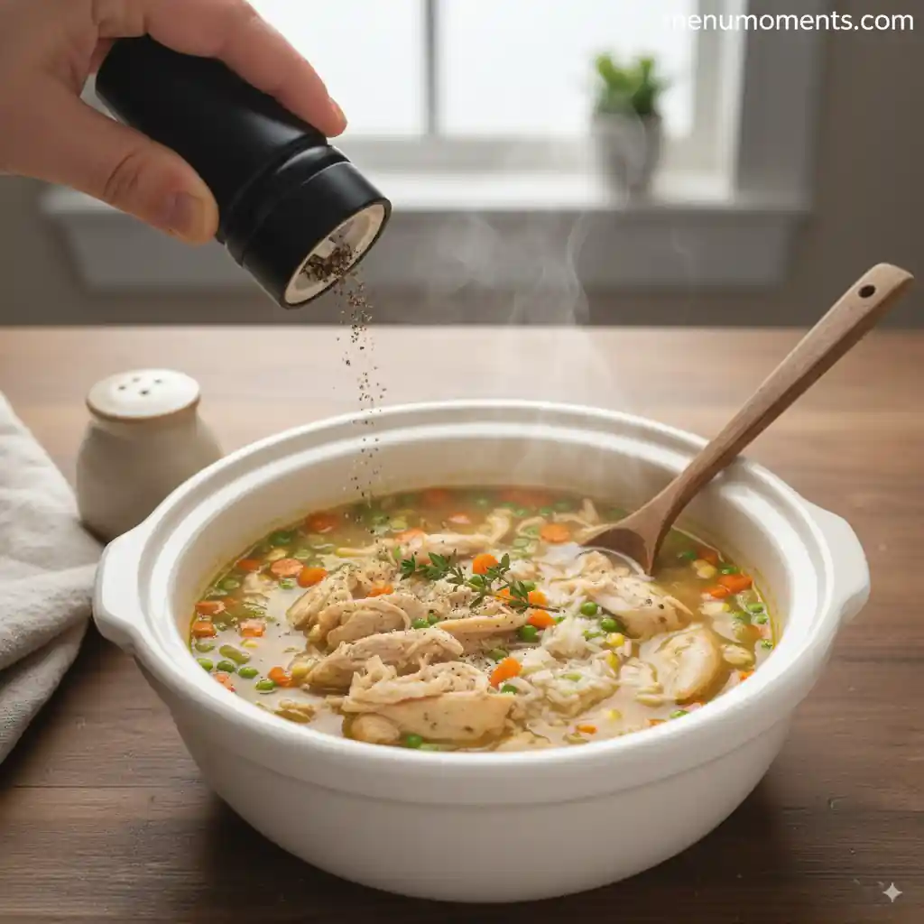 Hand seasoning a bowl of warm gluten-free chicken soup.