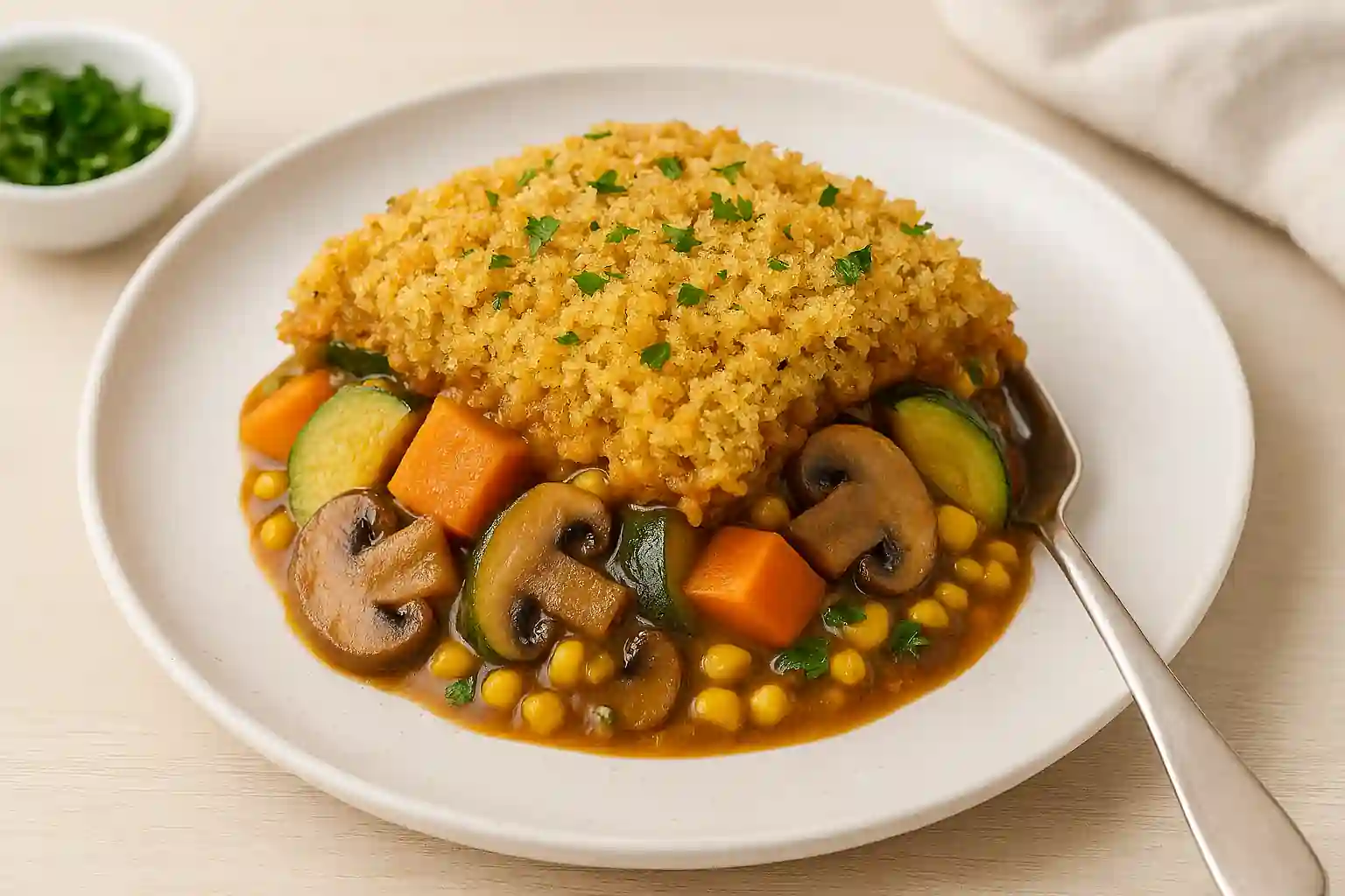 Single-serving vegan casserole recipes plated on ceramic dish with roasted vegetables and golden breadcrumb topping