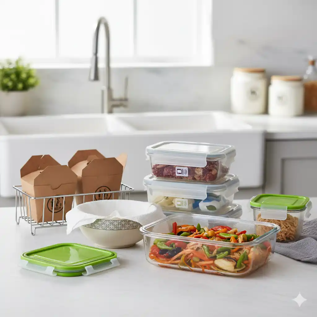 Kitchen countertop with food storage containers, including a stir-fry dish, dried fruit, pasta, and granola, alongside takeout boxes and a white bowl—suggesting organized meal prep in a modern kitchen.