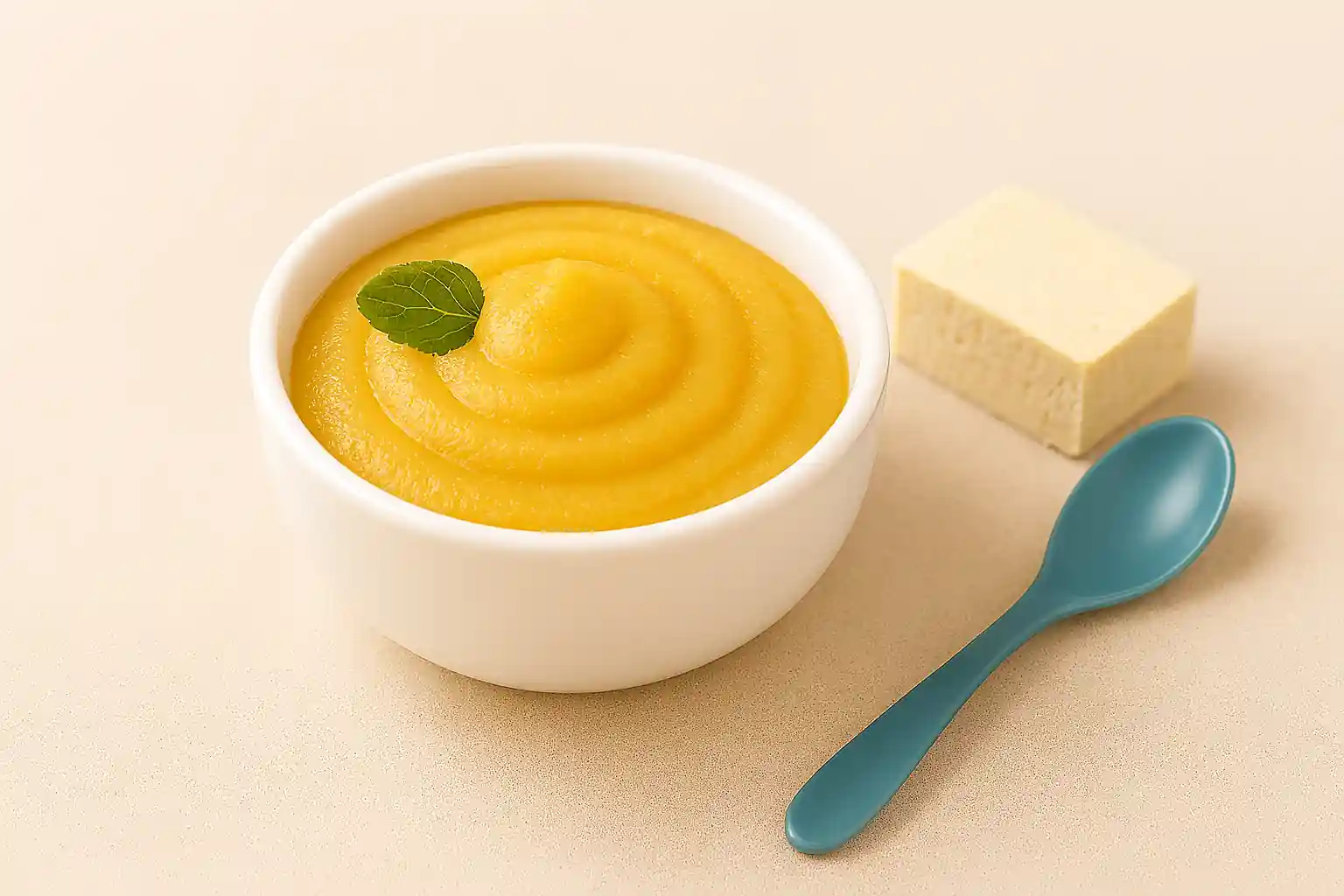 Organic carrot and sweet potato baby puree in a white bowl with fresh ingredients and baby spoon