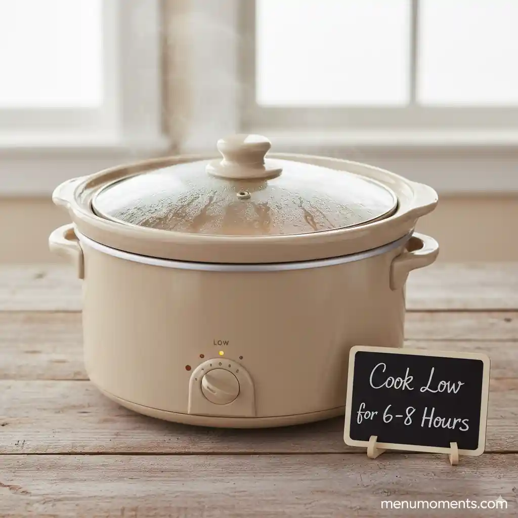 A steaming crockpot with its lid slightly ajar, set to "Low", sits on a rustic wooden table by a bright window, with a small chalkboard sign next to it reading "Cook Low for 6-8 Hours