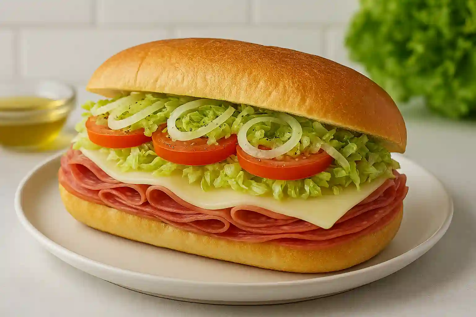 Homemade italian hoagie recipe sandwich plated on white ceramic dish with cured meats, provolone cheese, lettuce, tomato, and onions in bright natural kitchen lighting