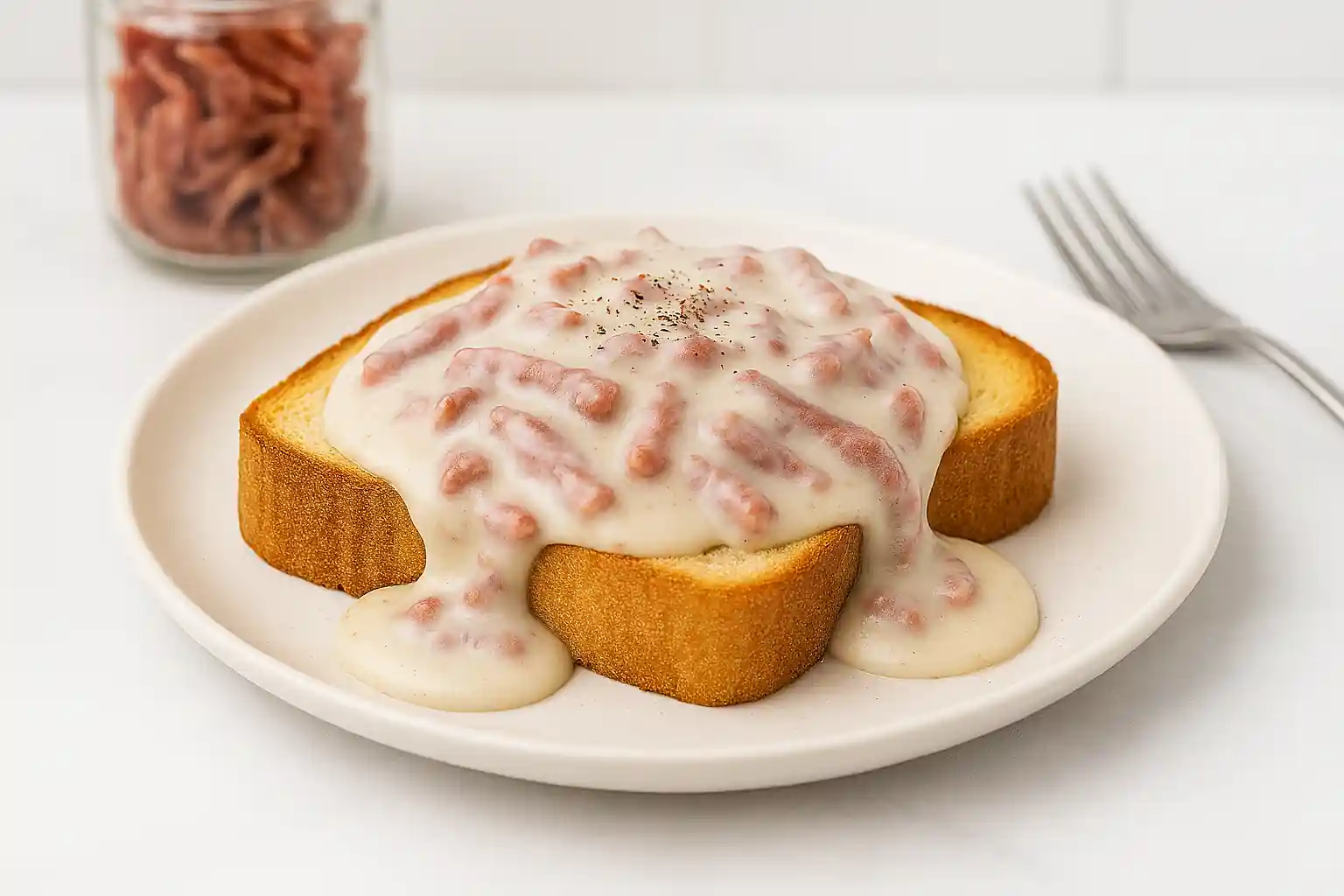 Creamed chipped beef in white gravy served over toasted bread on a ceramic plate, styled with a jar of dried beef in a bright kitchen setting.