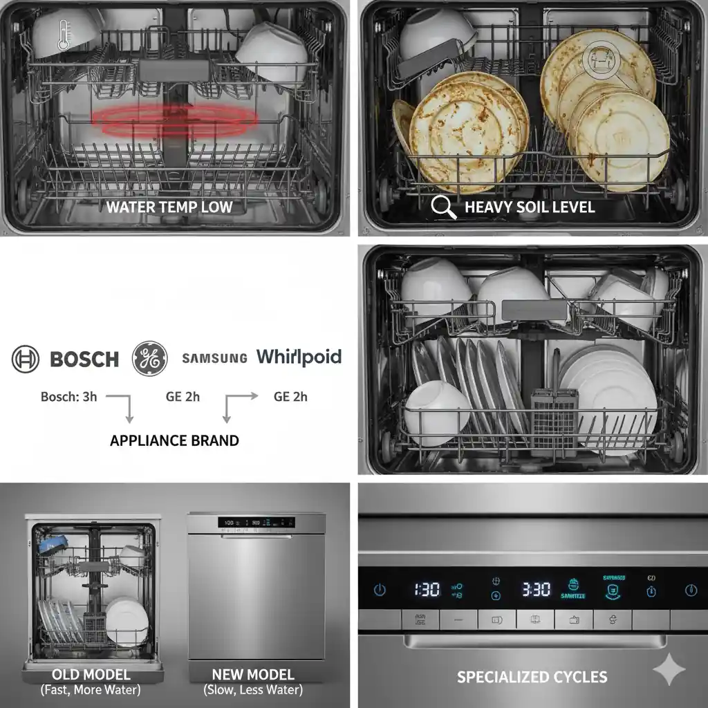Collage illustrating factors affecting dishwasher run time: low water temperature, heavy soil level on dishes, various appliance brands (Bosch, GE, Samsung, Whirlpool), comparison of old vs. new dishwasher models, and specialized cycle buttons.