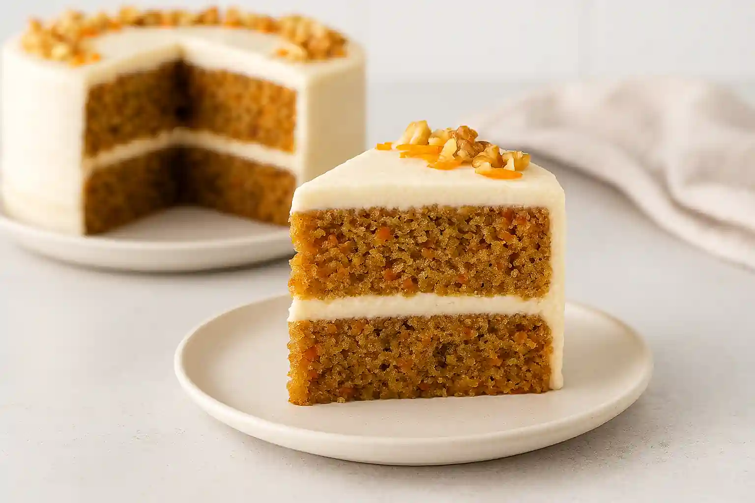 Single slice of gluten free carrot cake recipe with creamy frosting and walnut garnish on white plate
