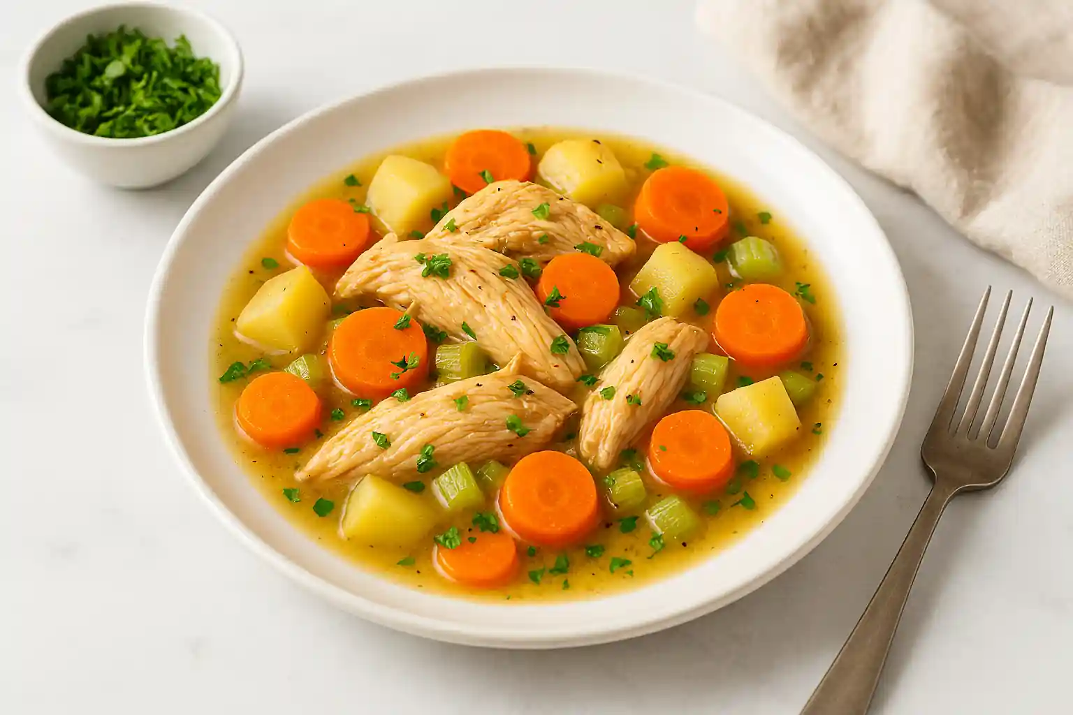 Single serving of gluten-free chicken stew with carrots and potatoes, plated in a bright kitchen with natural lighting
