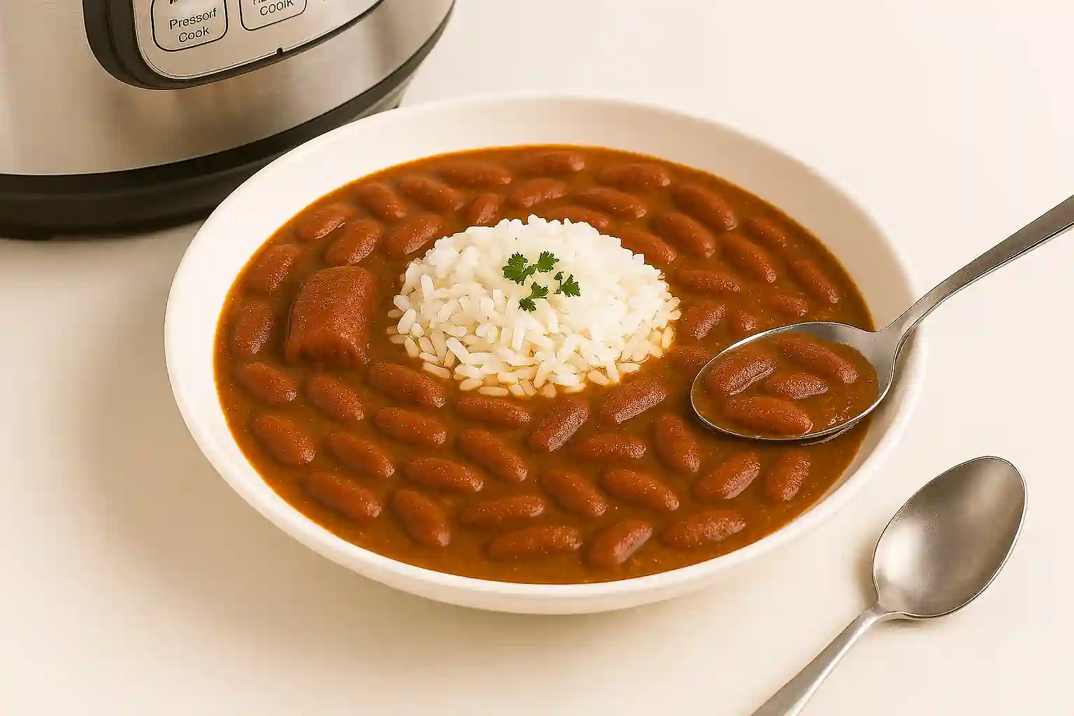 Instant Pot red beans and rice served in a white bowl with parsley garnish and spoon