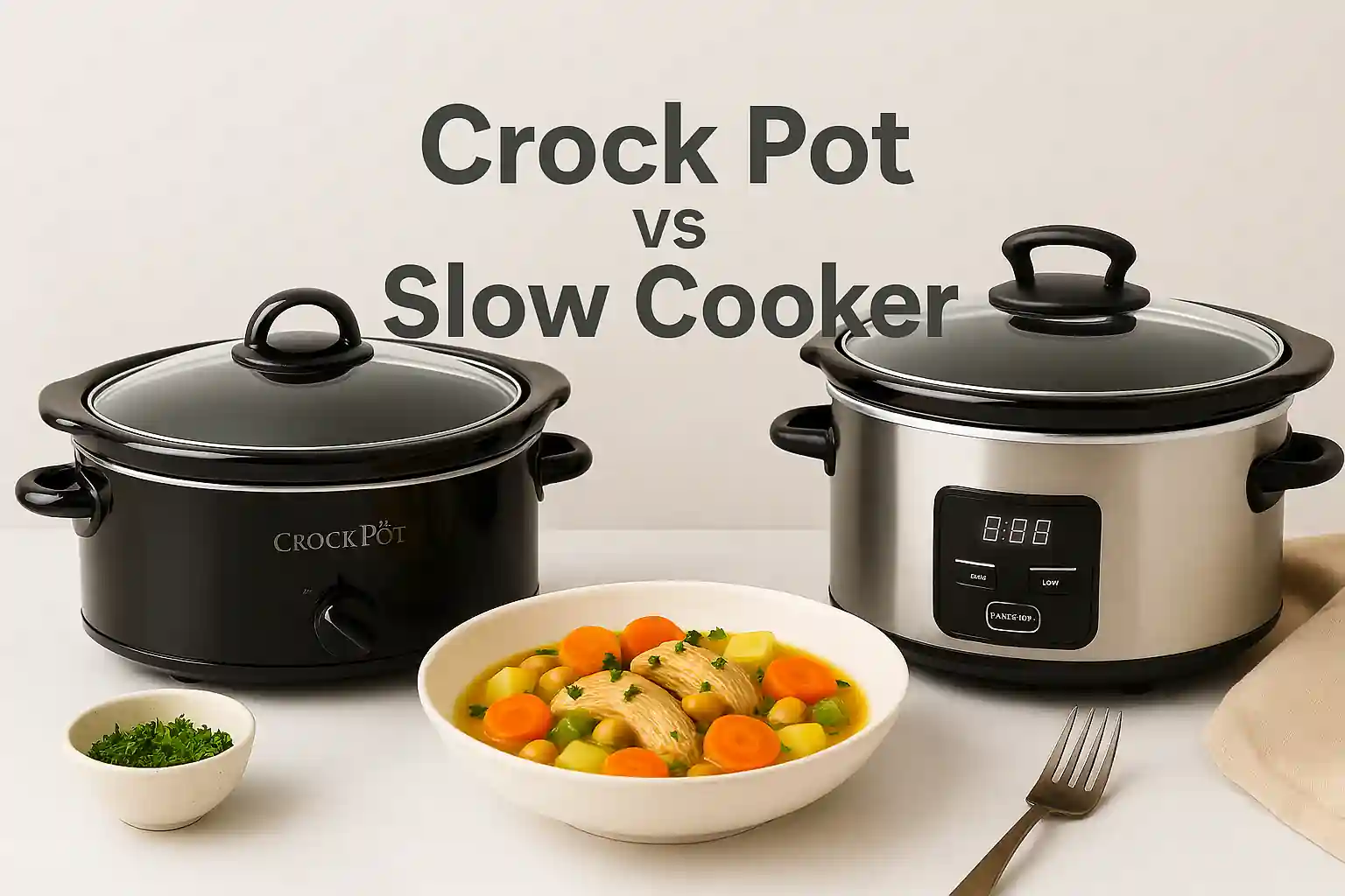 Side-by-side comparison of a classic Crock-Pot and a modern programmable slow cooker on a kitchen counter