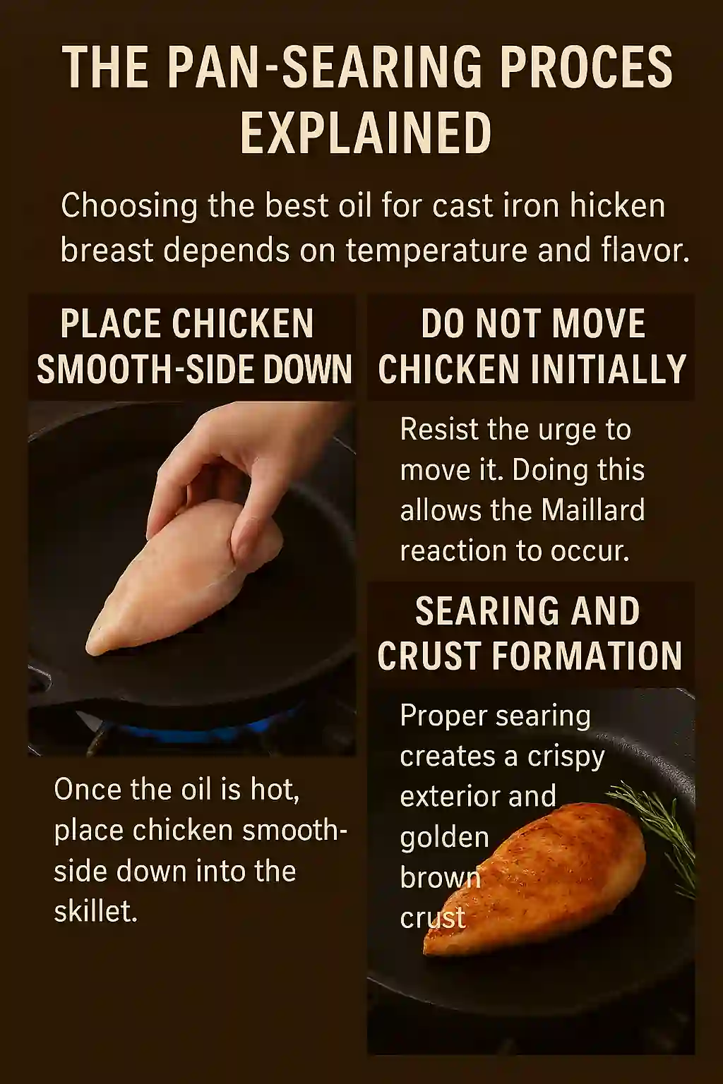 Chicken breast resting untouched in a cast iron skillet with bubbling oil