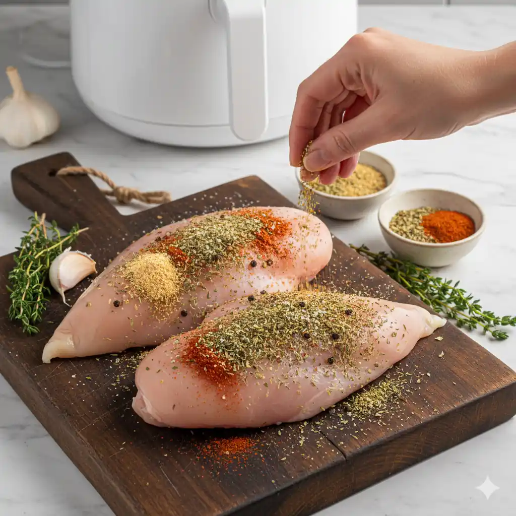 A hand sprinkling various seasonings, including garlic powder, paprika, and herbs, onto raw chicken breasts on a dark wooden cutting board.