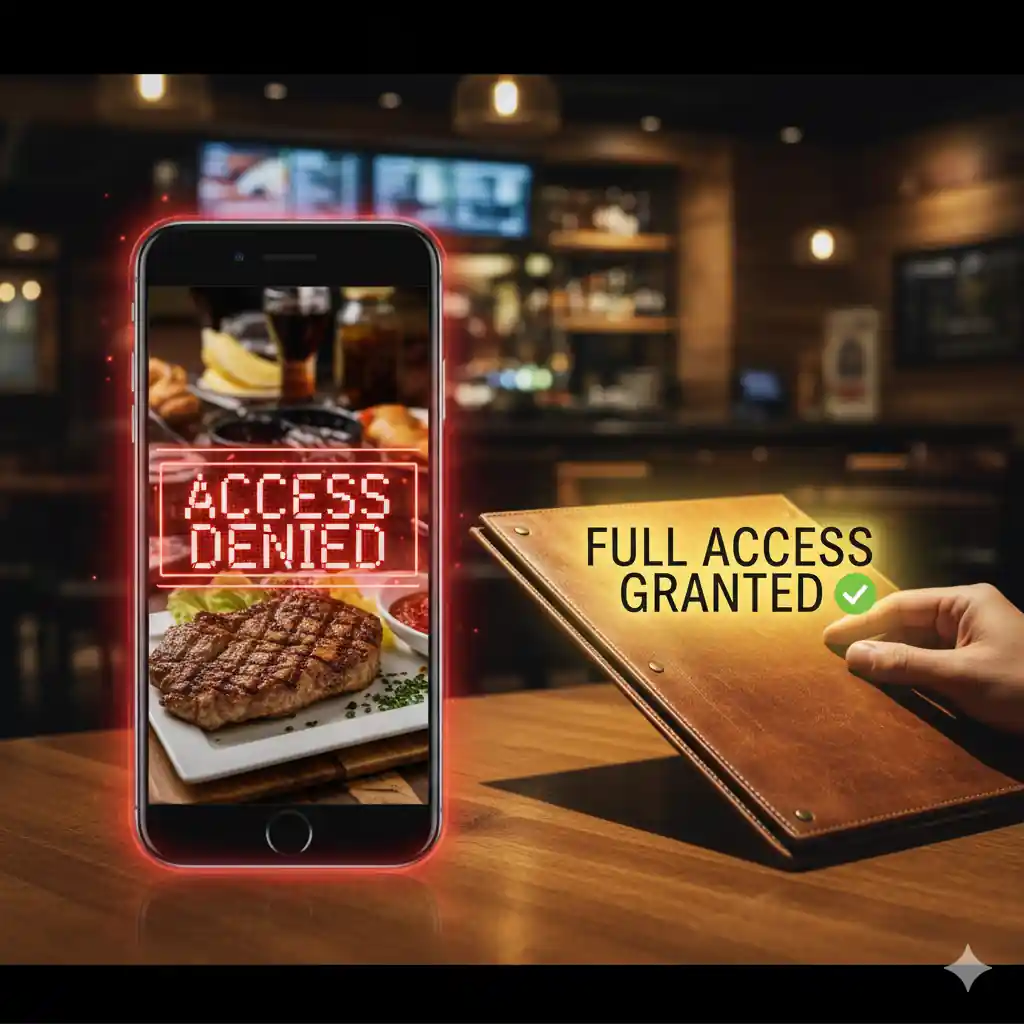 A smartphone displaying an "Access Denied" message for a Longhorn Steakhouse menu, contrasted with a hand opening a physical menu showing "Full Access Granted" on a restaurant table