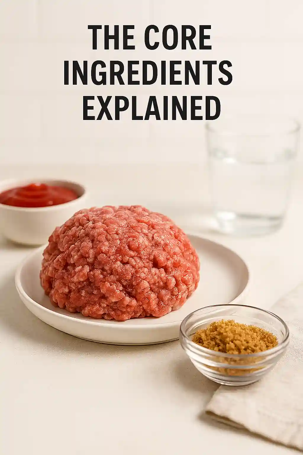 Ground beef, ketchup, and brown sugar displayed in a bright, modern kitchen setting to illustrate the core ingredients of a 3-ingredient sloppy joe recipe.