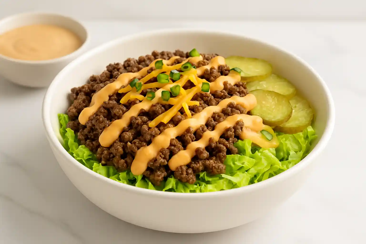 Big Mac bowl recipe with seasoned ground beef, shredded lettuce, cheddar cheese, pickles, and Big Mac sauce in a white ceramic bowl