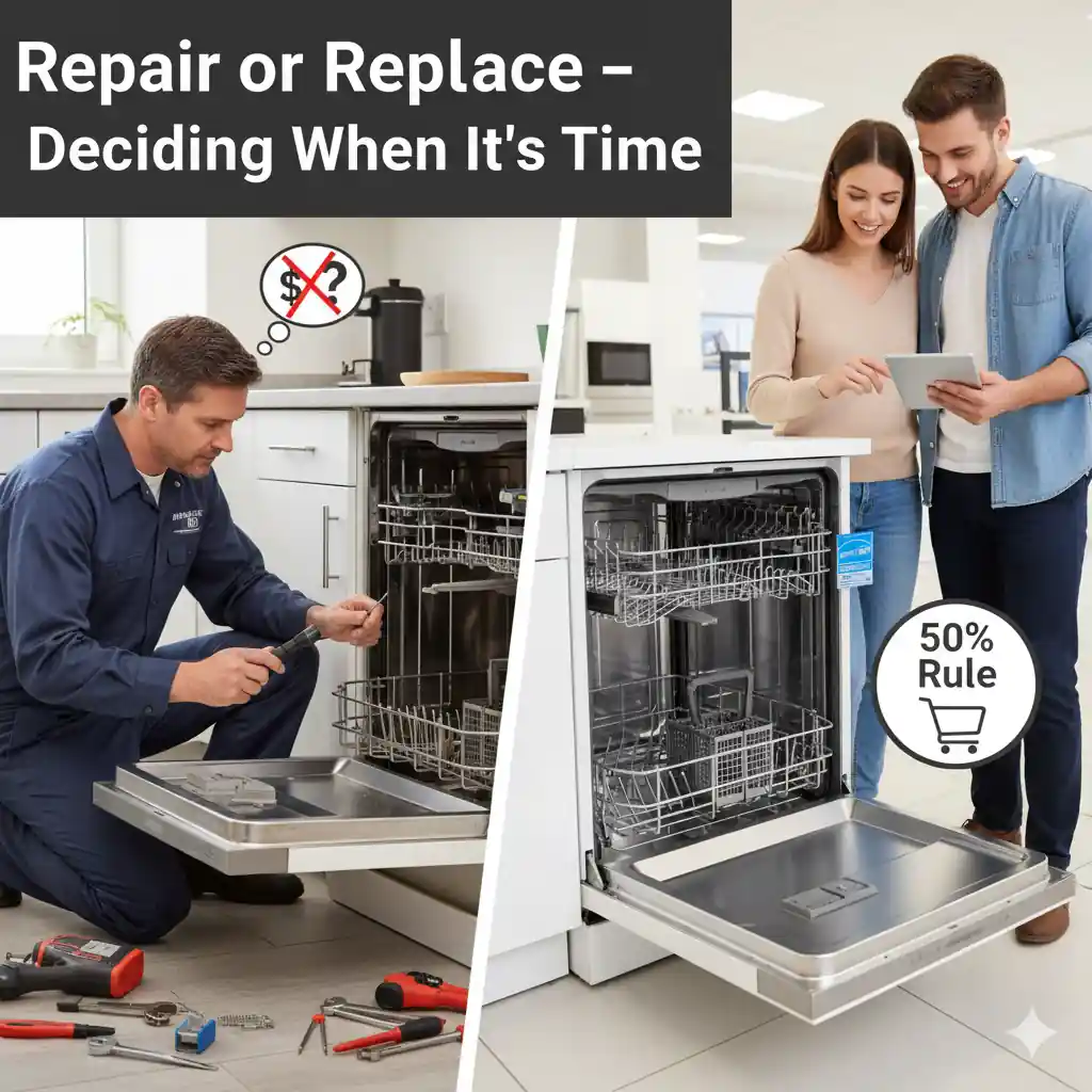 A split image showing a repair technician fixing a dishwasher on one side, with a thought bubble indicating high repair costs, and a couple shopping for a new dishwasher on the other side, with a "50% Rule" icon.