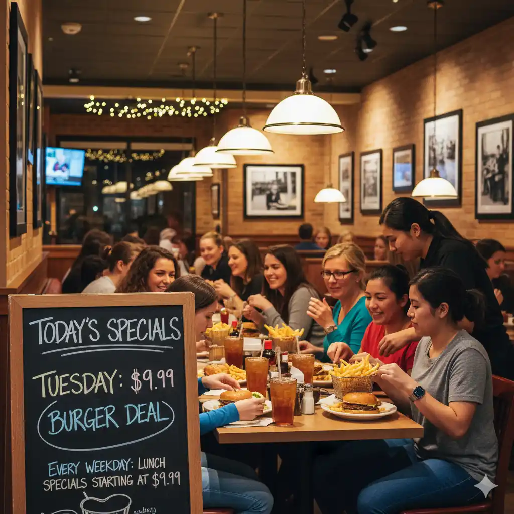 Diners enjoying Applebee's 9.99 burger deal on a Tuesday, with a chalkboard sign advertising "Today's Specials: Tuesday: $9.99 Burger Deal.