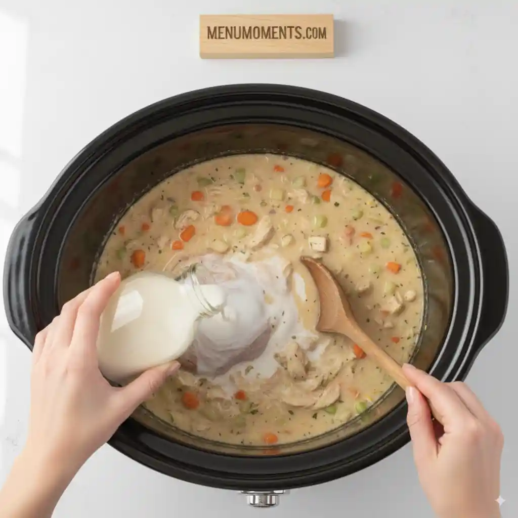 Overhead shot of hands pouring cream from a glass bottle into a slow cooker of cooked chicken and potato soup, with a wooden spoon stirring the mixture. Branding: menumoments.com.