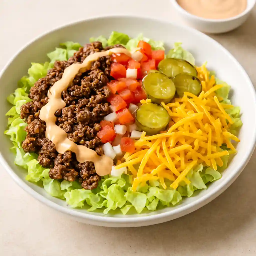 Big Mac Bowl with ground beef, iceberg lettuce, romaine, diced onions, tomatoes, dill pickles, shredded cheddar, and American cheese, plated in bright natural kitchen lighting.