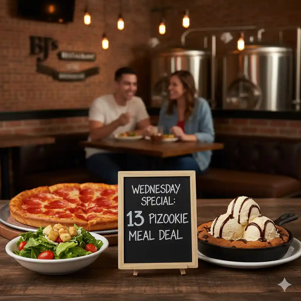 A "Wednesday Special: 13 Pizookie Meal Deal" sign next to a deep-dish pizza, side salad, and a Pizookie dessert, with a couple dining in the background at BJ's.