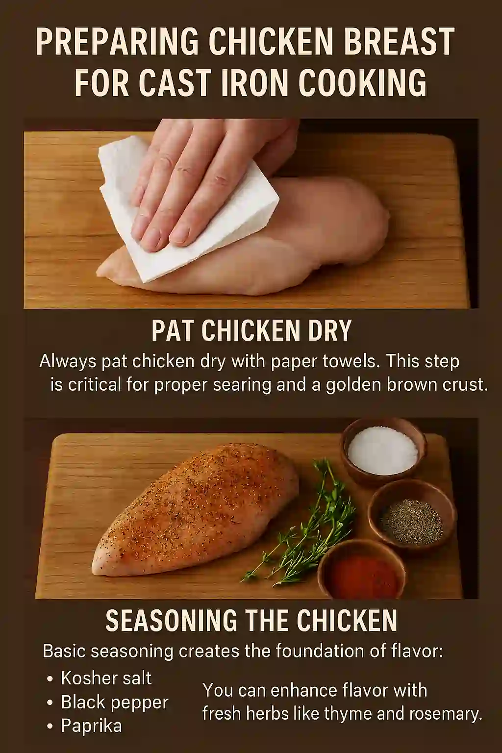 Step-by-step guide showing how to pat chicken breast dry and season it with salt, pepper, paprika, and herbs for cast iron cooking