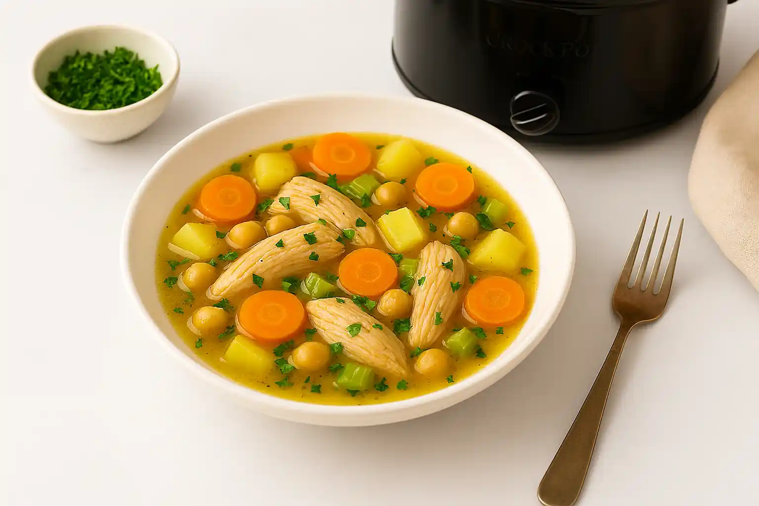 Gluten-free chicken stew plated with carrots, potatoes, and herbs beside a clean black slow cooker on a marble countertop