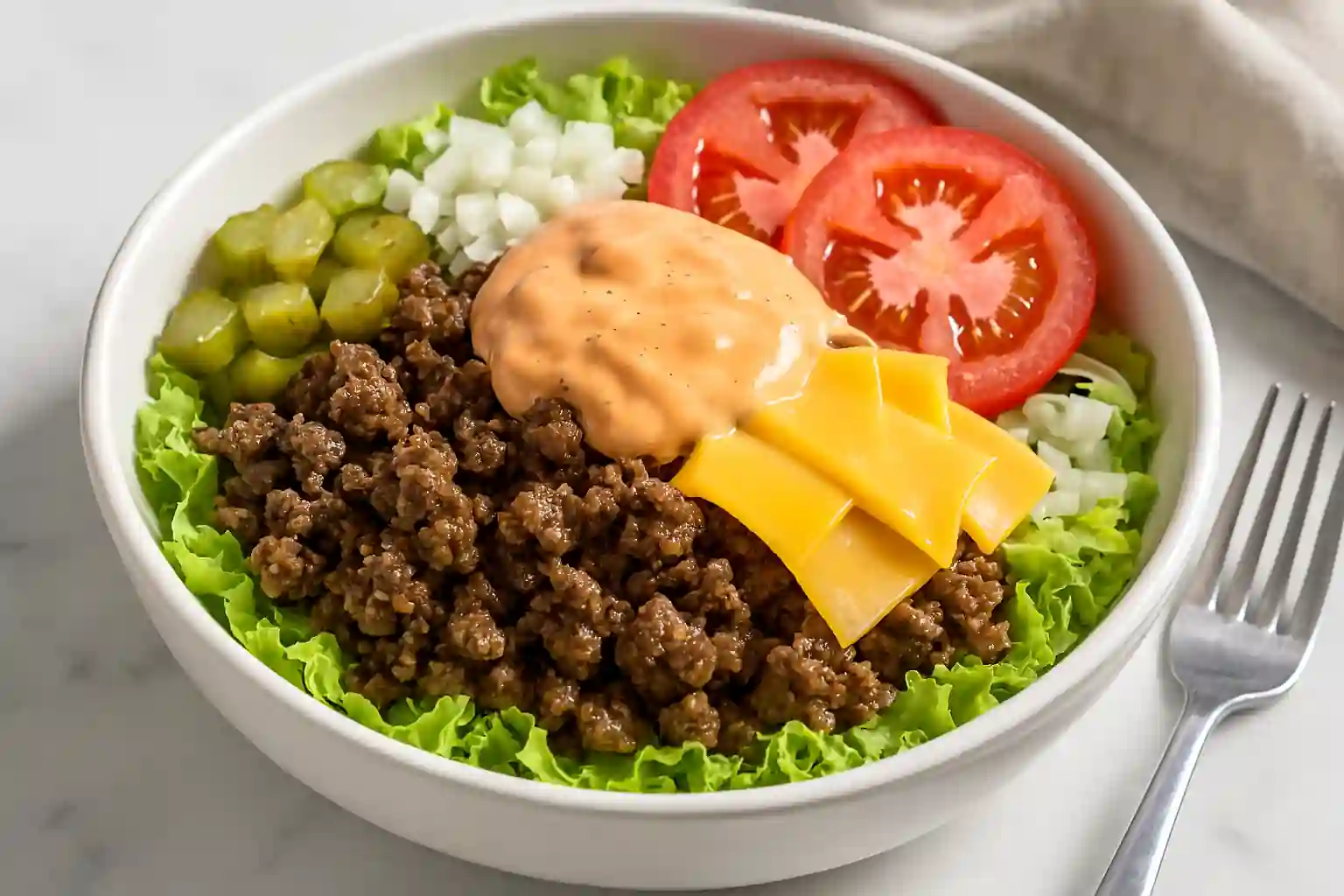 Realistic photo of a homemade Big Mac Bowl with lettuce, ground beef, cheese, pickles, onions, tomatoes, and Big Mac sauce in bright natural kitchen lighting.