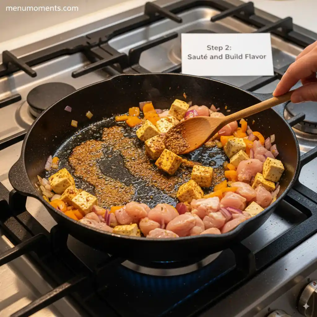 A hand stirring diced chicken, tofu, bell peppers, and red onions in a cast-iron skillet on a gas stove, with toasted cumin and garam masala being added, displaying 'menumoments.com' branding, for a flavorful sauté.
