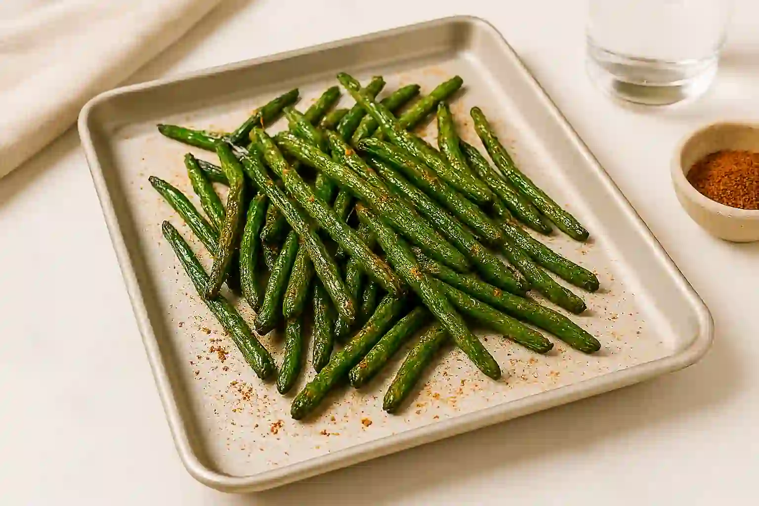 Crispy roasted frozen green beans with paprika and olive oil on a sheet pan in a sunlit kitchen.