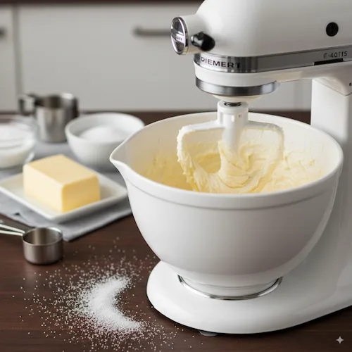 Mixing creamy batter in a white stand mixer on a dark wooden countertop with baking ingredients nearby