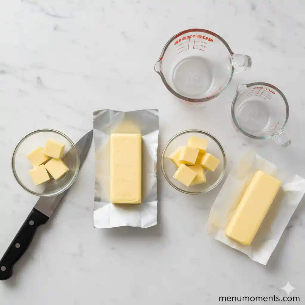 A stick of butter with clear 1 tbsp, 4 tbsp, and 8 tbsp markings, illustrating the exact number of tablespoons.