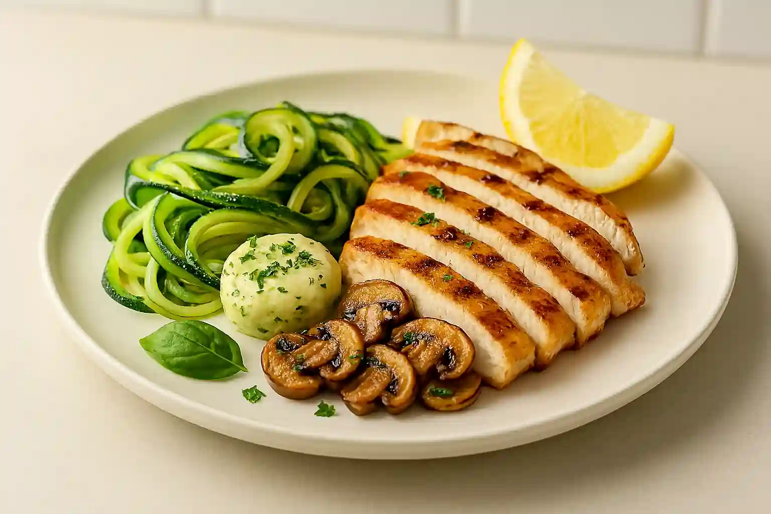 Health-focused keto dinner with grilled chicken, sautéed zucchini ribbons, and mushrooms garnished with herbs and lemon wedge
