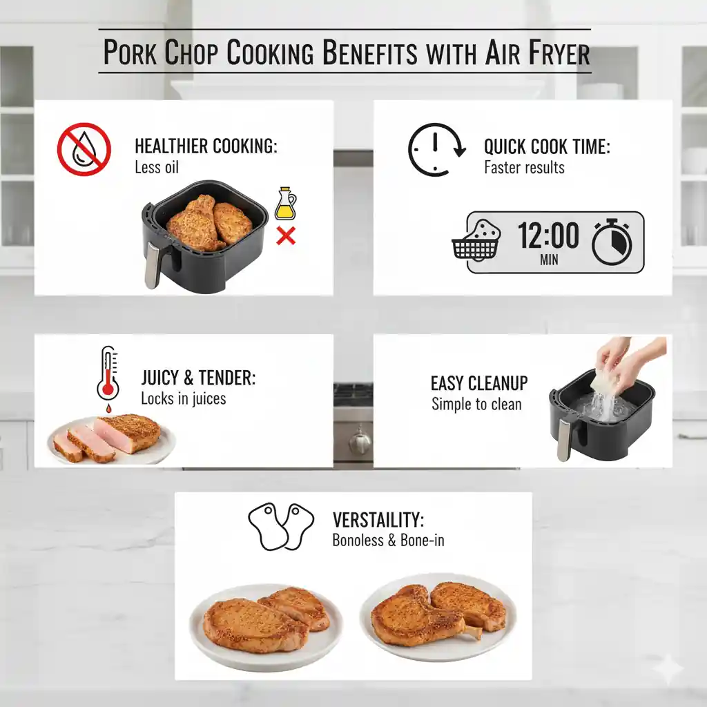 Infographic highlighting the benefits of air frying pork chops: healthier cooking with less oil, quick cook time, juicy and tender results, easy cleanup, and versatility for boneless and bone-in cuts.