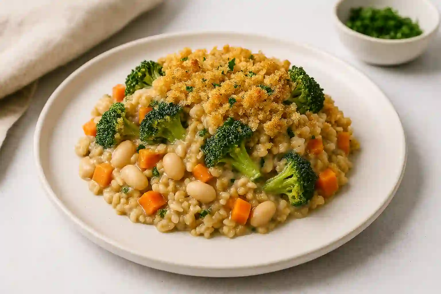 Beautifully plated vegan casserole dish recipes with broccoli, carrots, white beans, and golden breadcrumbs in a creamy dairy-free sauce.