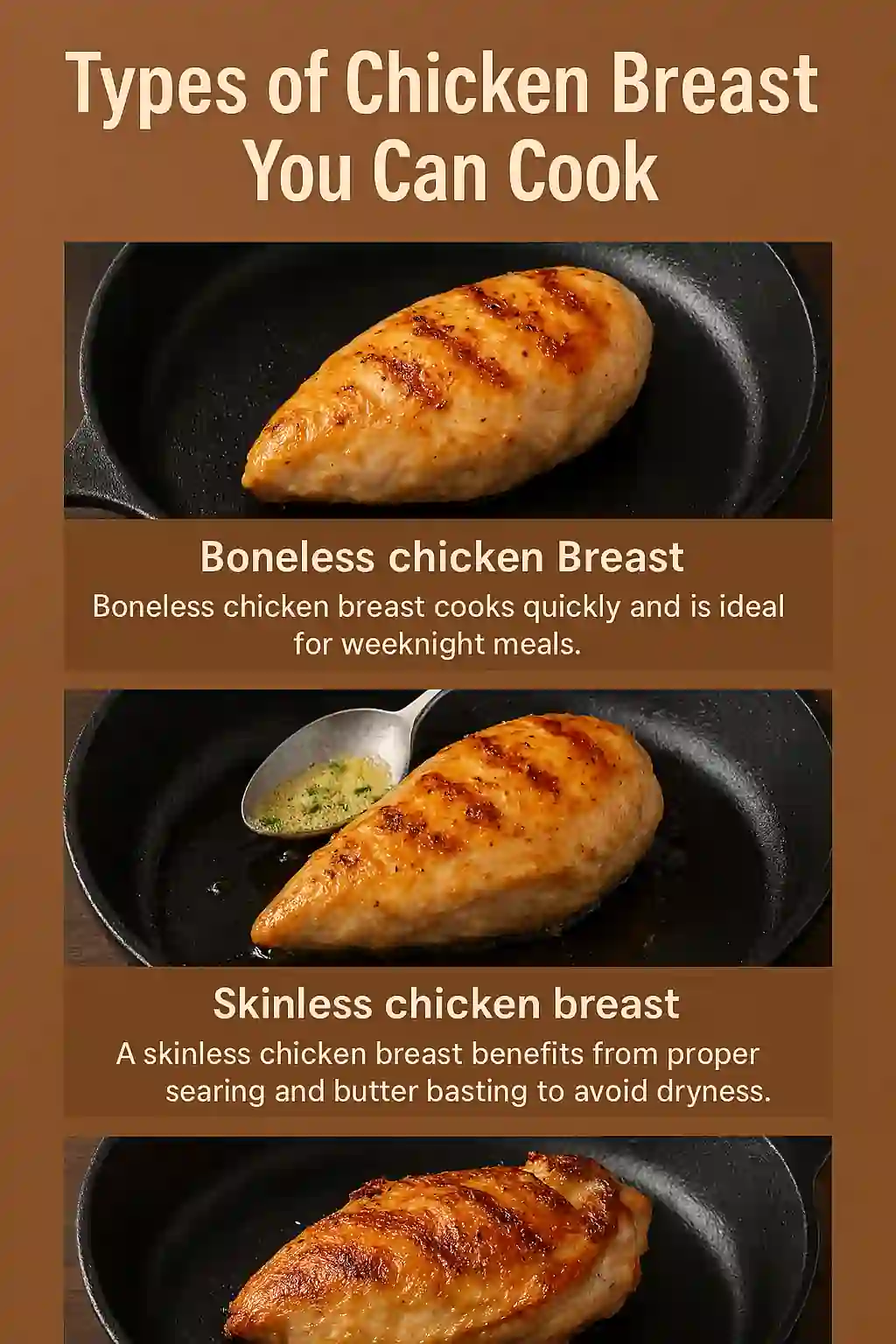 Three types of chicken breast—boneless, skinless, and bone-in—cooked in cast iron skillets with descriptive labels and cooking tips