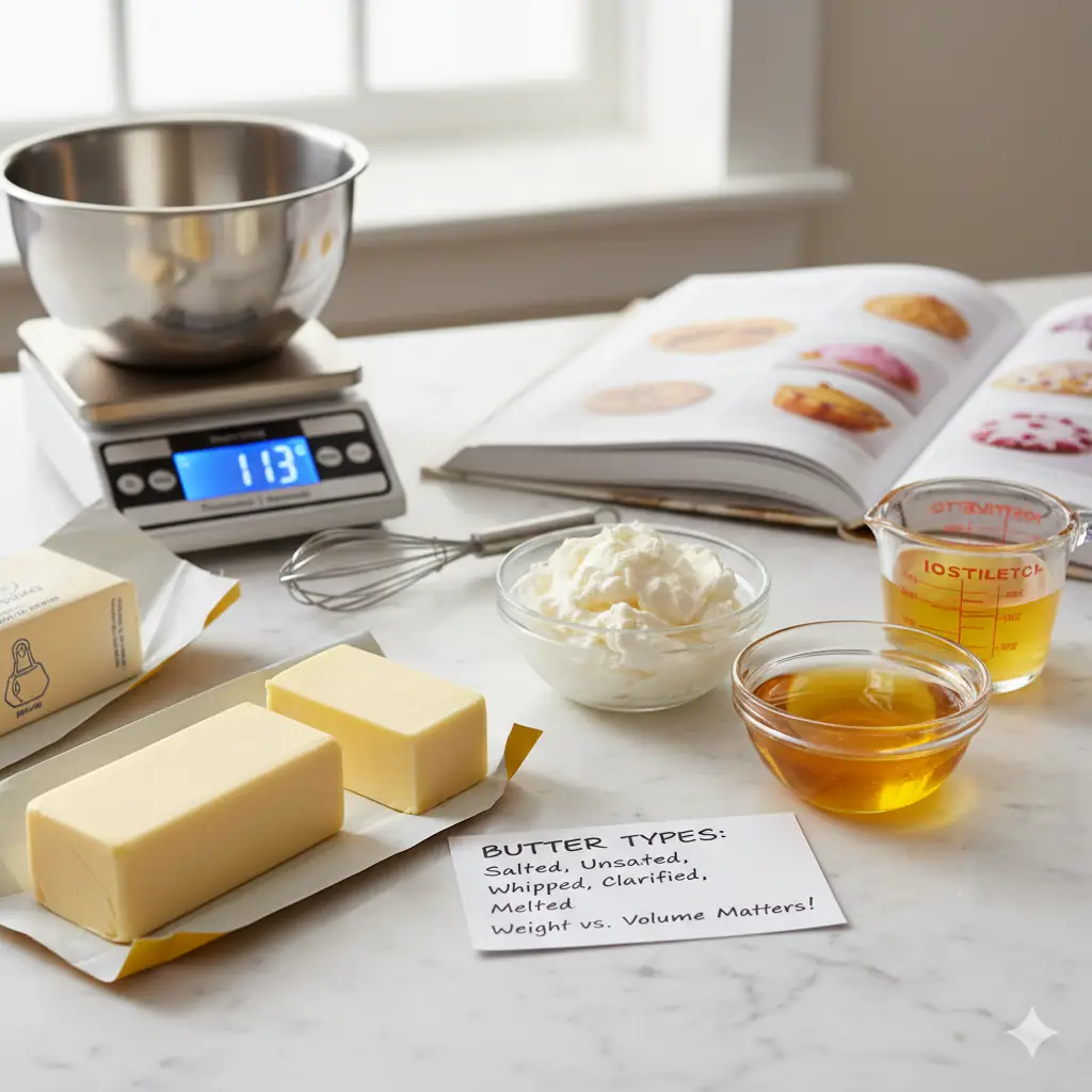 Various types of butter laid out on a kitchen counter: stick butter, whipped butter, clarified butter, and melted butter, with a note on butter types and a food scale.
