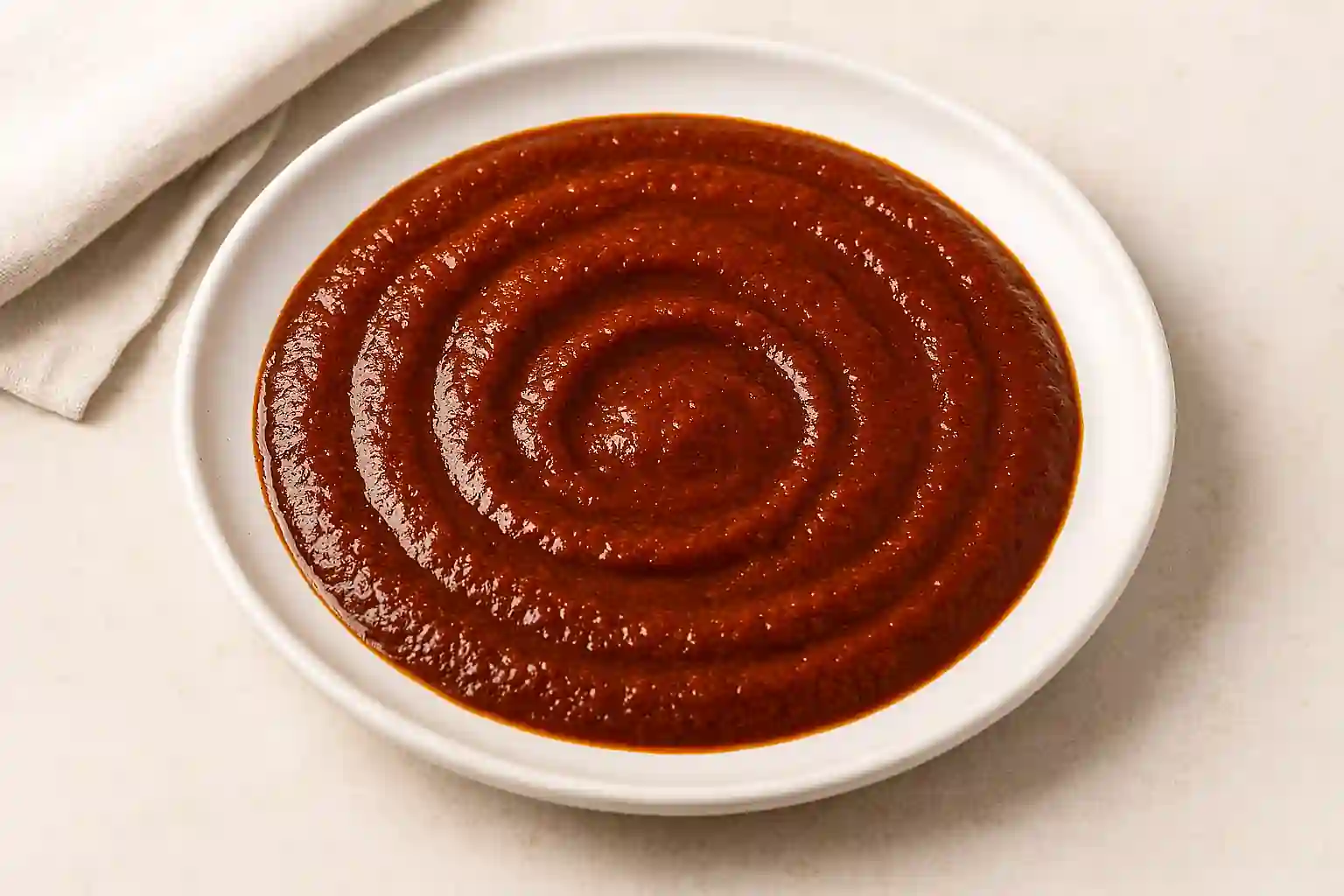 Homemade Mexican adobo sauce plated in a white ceramic bowl with dried chiles and garlic in bright natural light