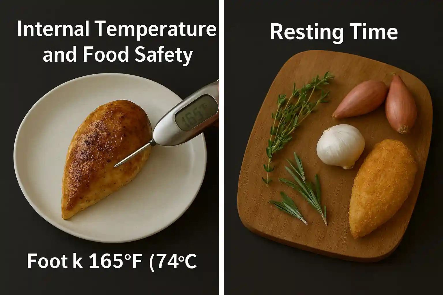 Meat thermometer inserted into cooked chicken breast showing 165°F for safe internal temperature