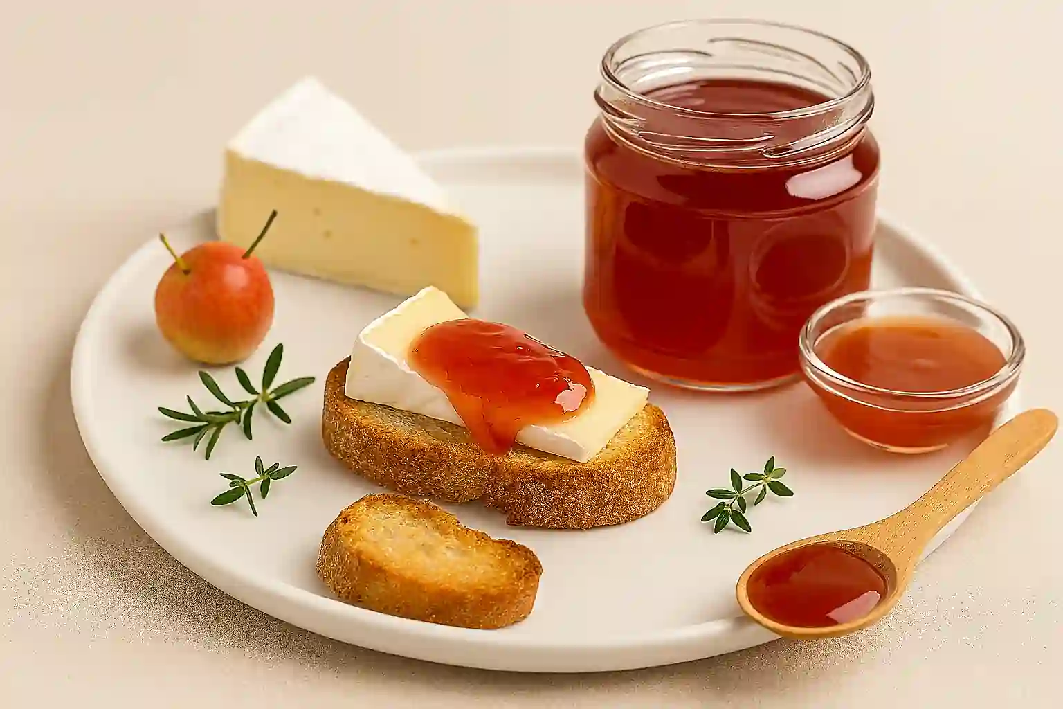 "Crostini with brie and crab apple jelly, served with cheese wedge and jelly jar in natural kitchen light"