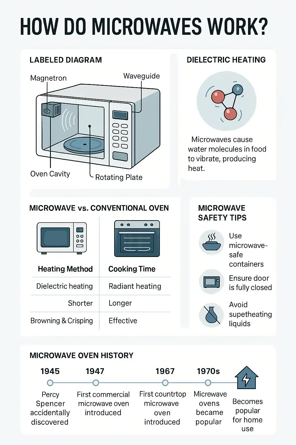 Infographic showing a labeled diagram of a microwave oven, dielectric heating, a comparison chart of microwave vs. conventional ovens, safety tips, and a historical timeline.