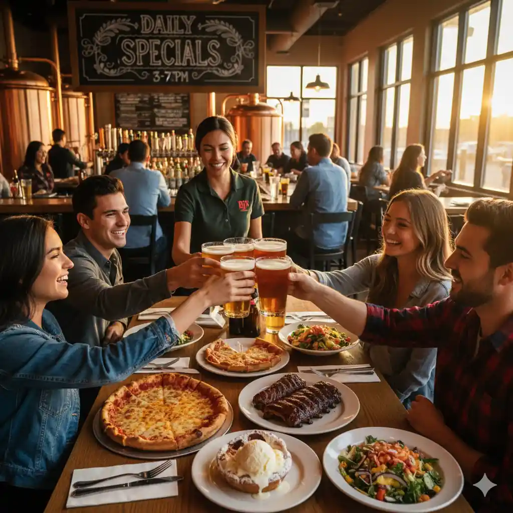 Friends toasting craft beers and enjoying deep dish pizza, ribs, and Pizookie at BJ's Restaurant Brewhouse during happy hour.