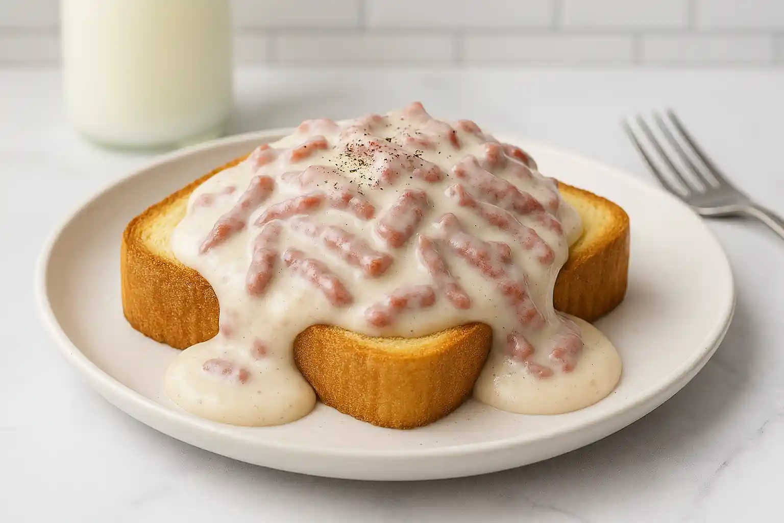 Creamed chipped beef in white gravy served over golden toasted bread on a ceramic plate in bright natural kitchen lighting.