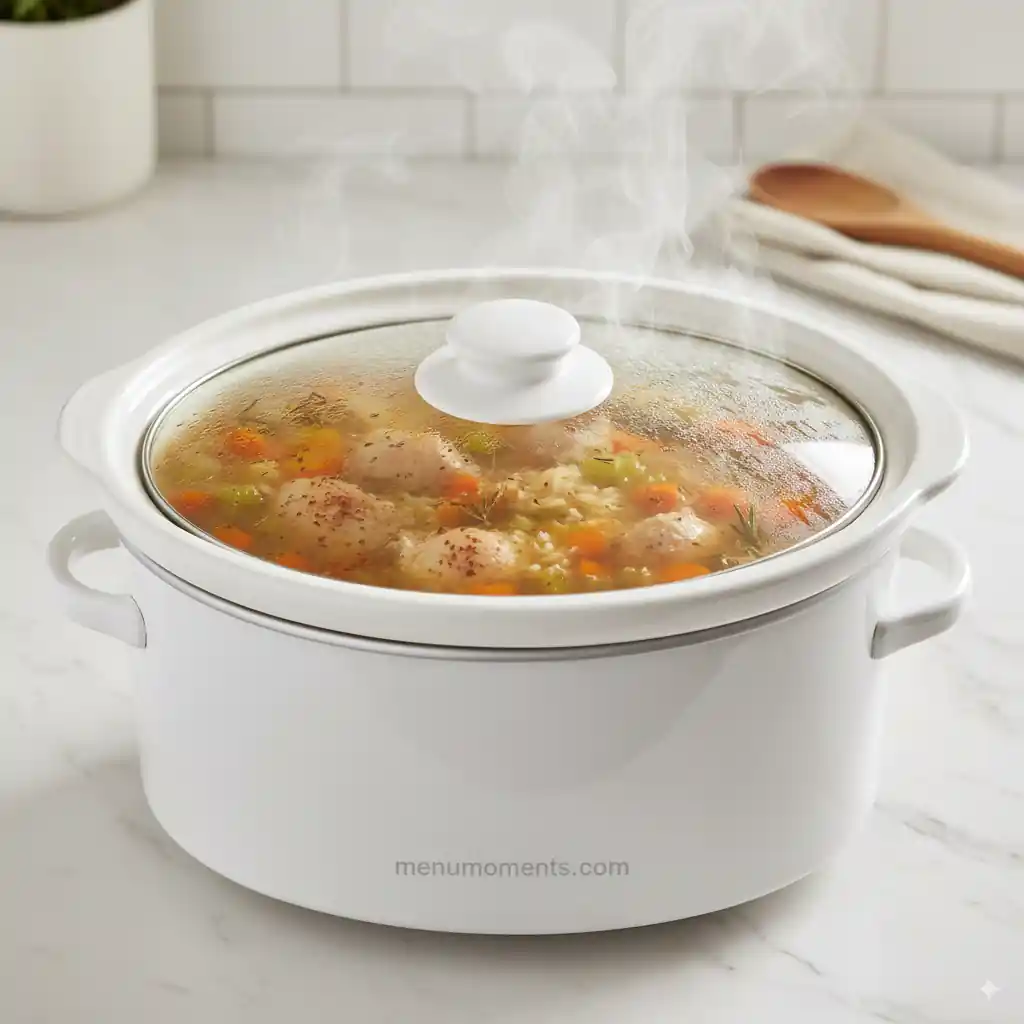 A white crockpot with a clear lid, steaming gently as healthy chicken and rice soup cooks slowly, showing chicken thighs, vegetables, and herbs inside. menumoments.com