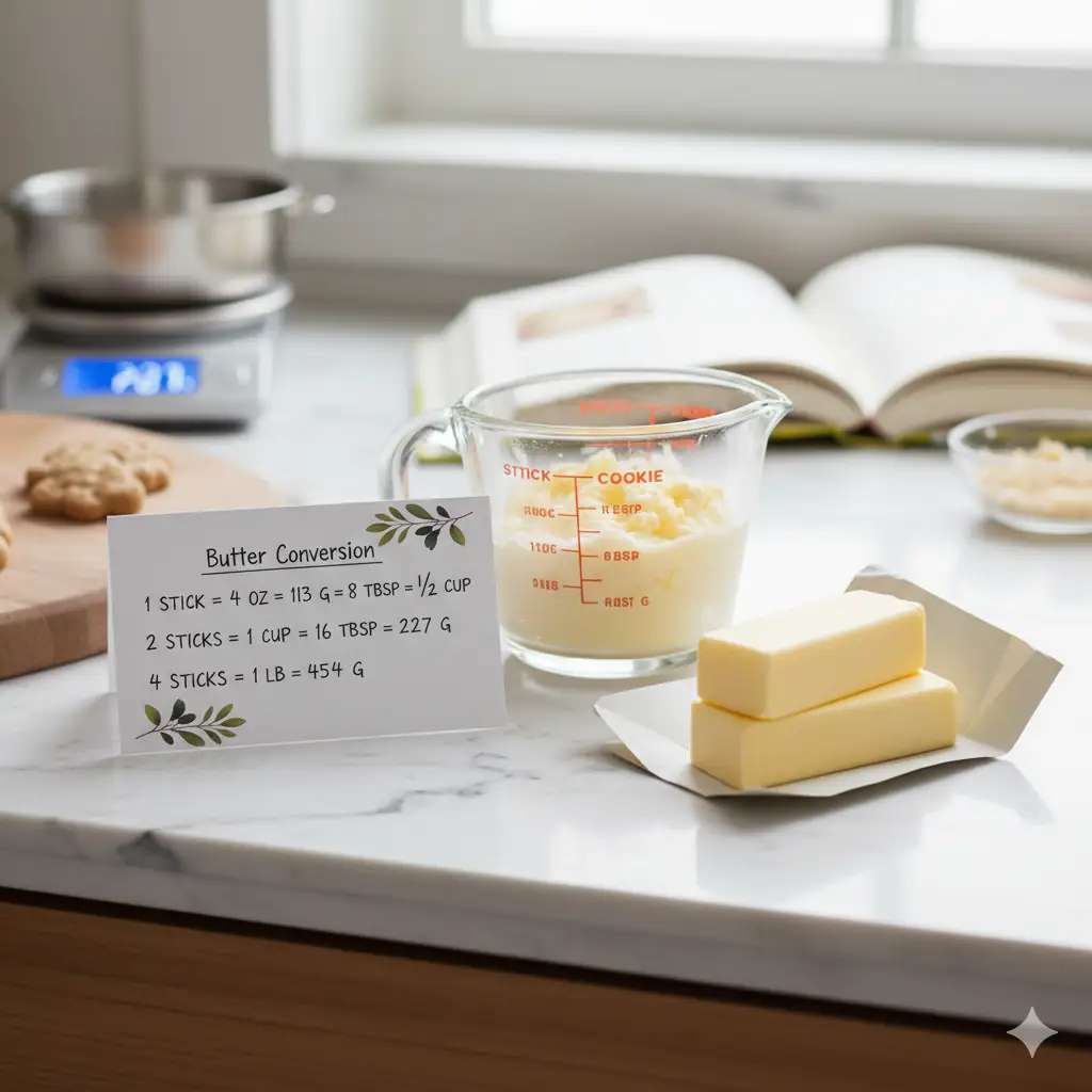 Two sticks of butter next to a glass measuring cup filled with butter, indicating one cup, along with a butter conversion chart.