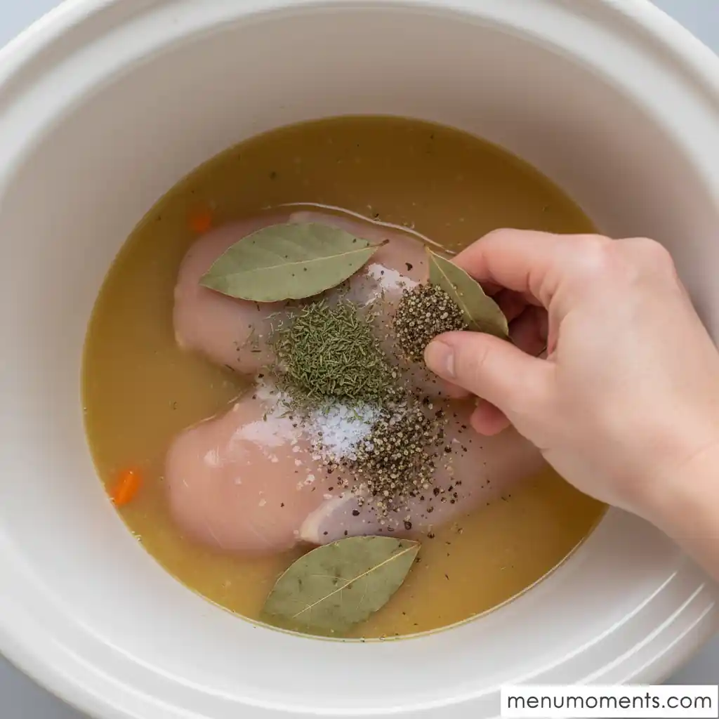 A hand adding dried thyme, bay leaves, salt, and black pepper to raw chicken and broth in a crockpot for chicken noodle soup. menumoments.com
