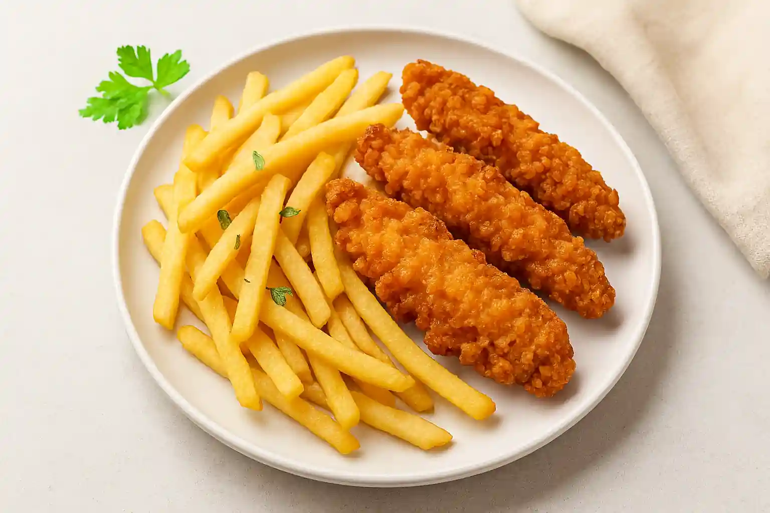 Crispy fried chicken fries made from breast, tenderloins, and thigh meat, served with golden fries and fresh parsley on a white plate in natural kitchen lighting.