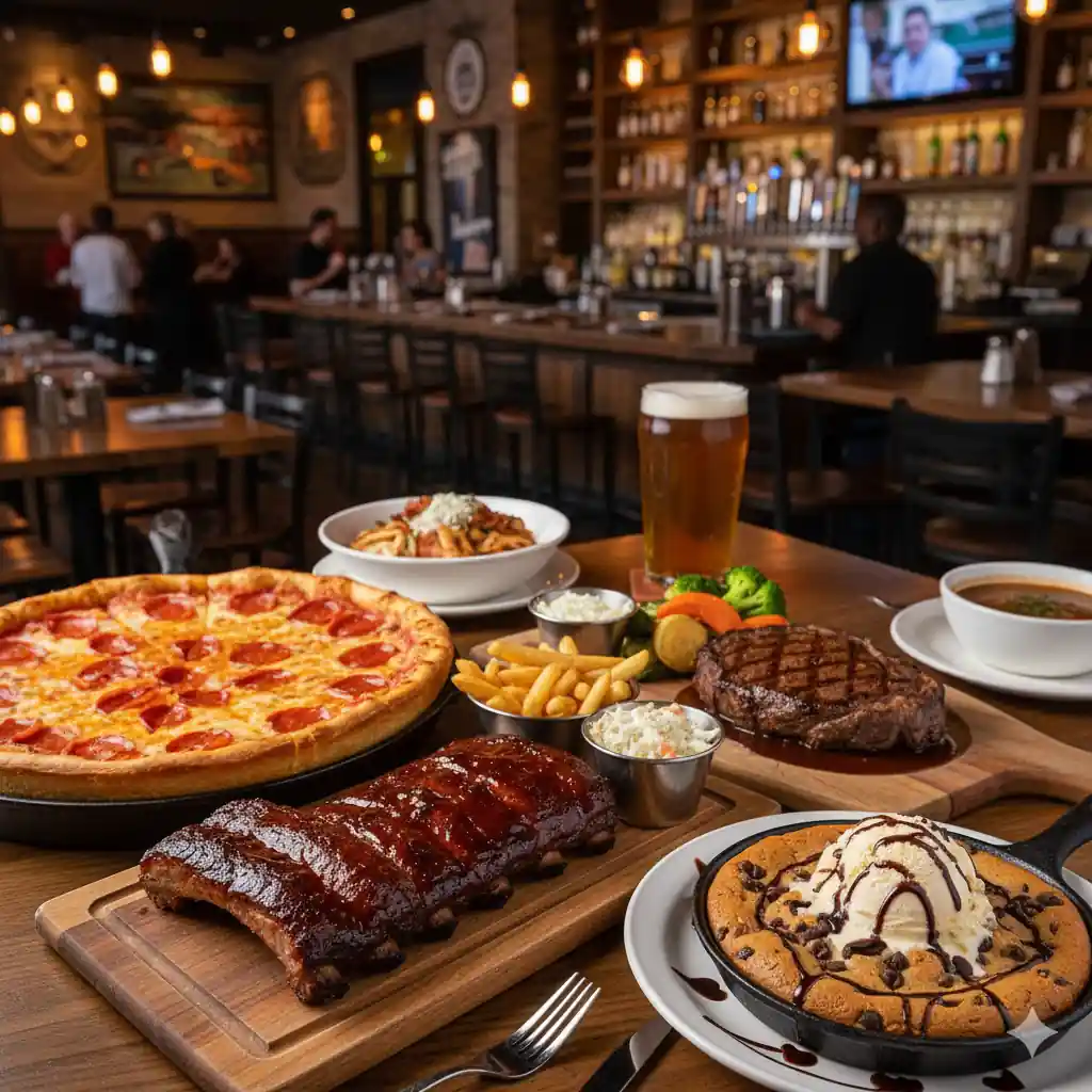 An overhead shot of a table laden with BJ's Restaurant Brewhouse signature dishes, including a deep-dish pizza, baby back ribs, steak, a Pizookie dessert, and a pint of craft beer.