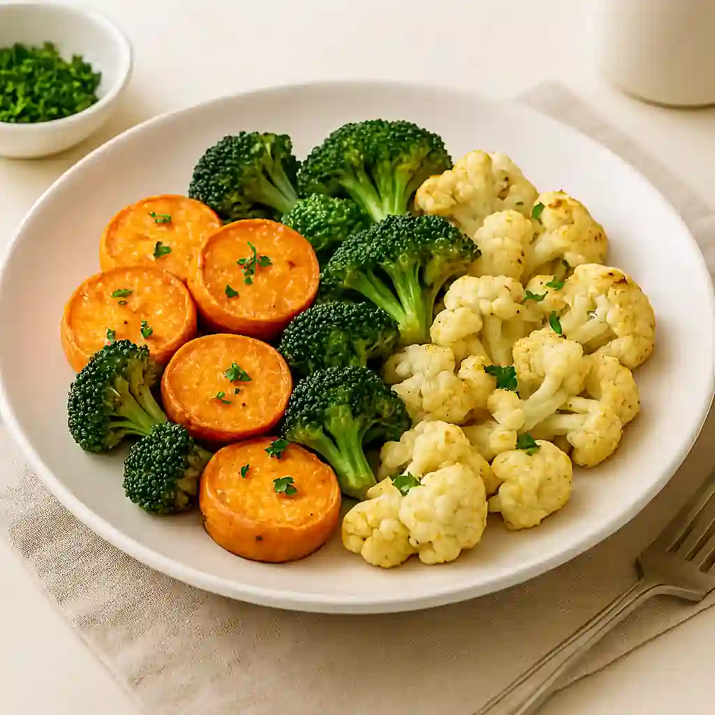 A realistic, high-quality photo of a low histamine vegetable dish featuring roasted sweet potatoes, broccoli, and cauliflower, plated on a white ceramic dish in natural kitchen lighting with a minimal background.