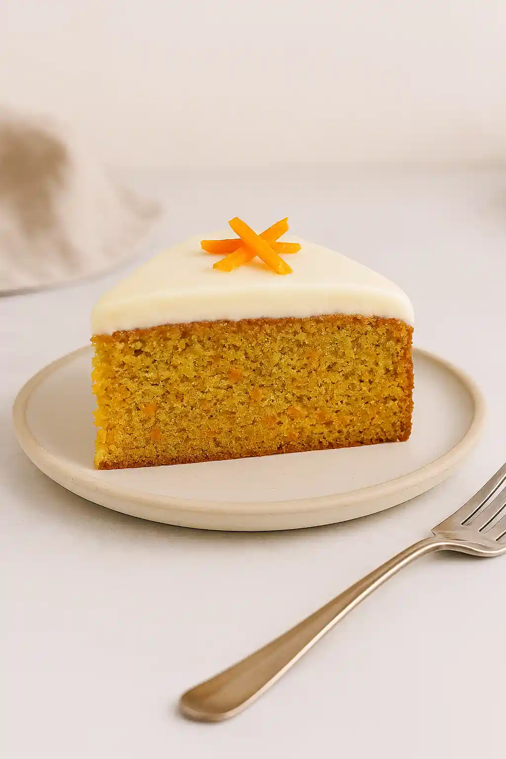 A slice of moist gluten-free carrot cake with cream cheese frosting and carrot garnish, plated on a ceramic dish in bright natural kitchen lighting with a minimal modern background.