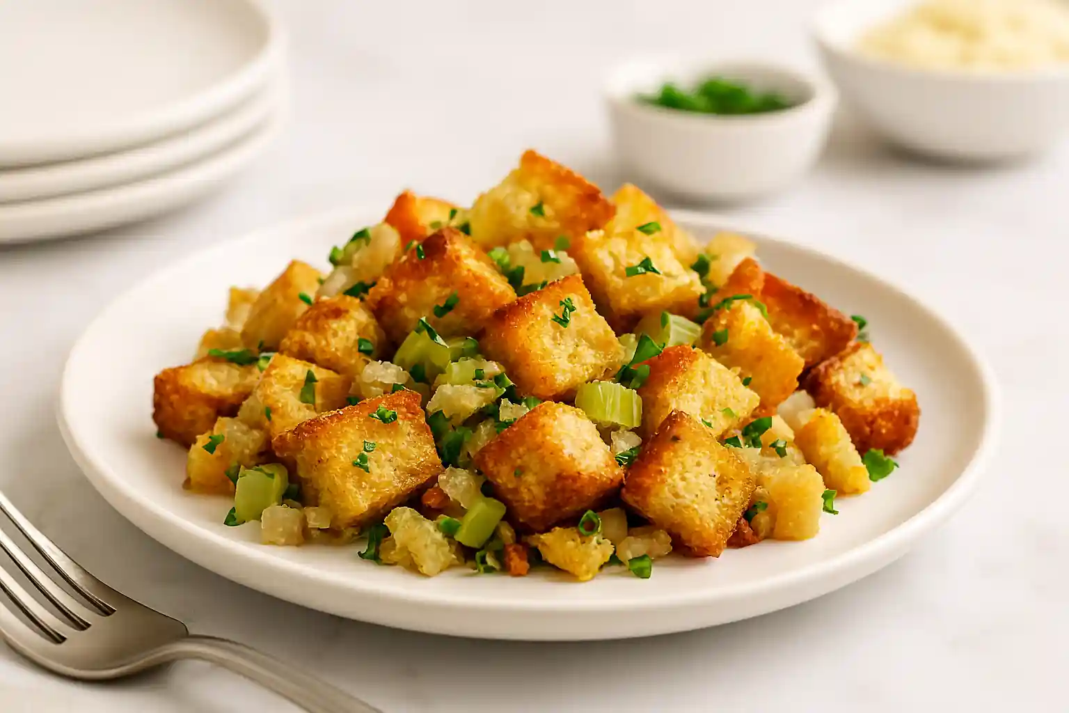 Single serving of gluten free stuffing recipe plated on white ceramic, with golden bread cubes, sautéed celery, onions, and fresh herbs in bright natural kitchen lighting.